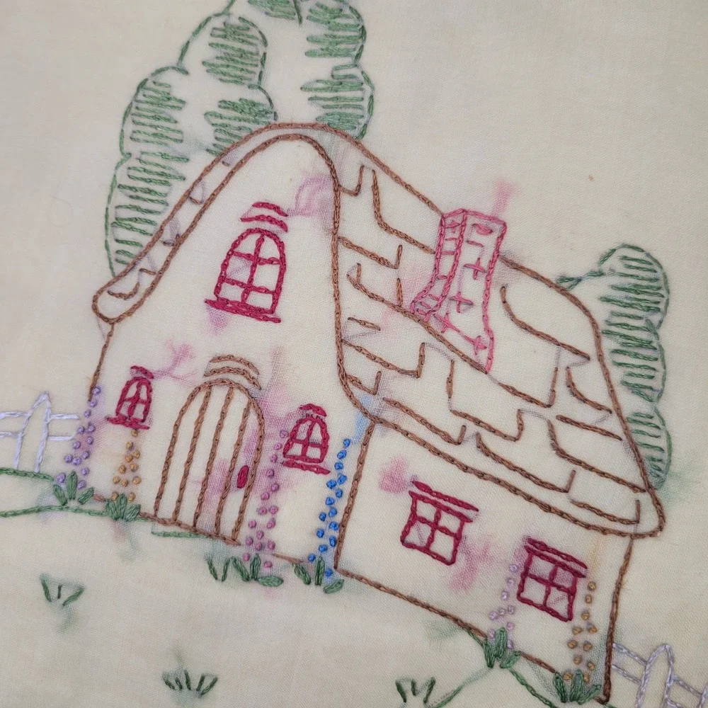 Vintage Embroidery Pillow with Lace Edges 12x12 Shabby Chic Cottagecore‎ Yellow